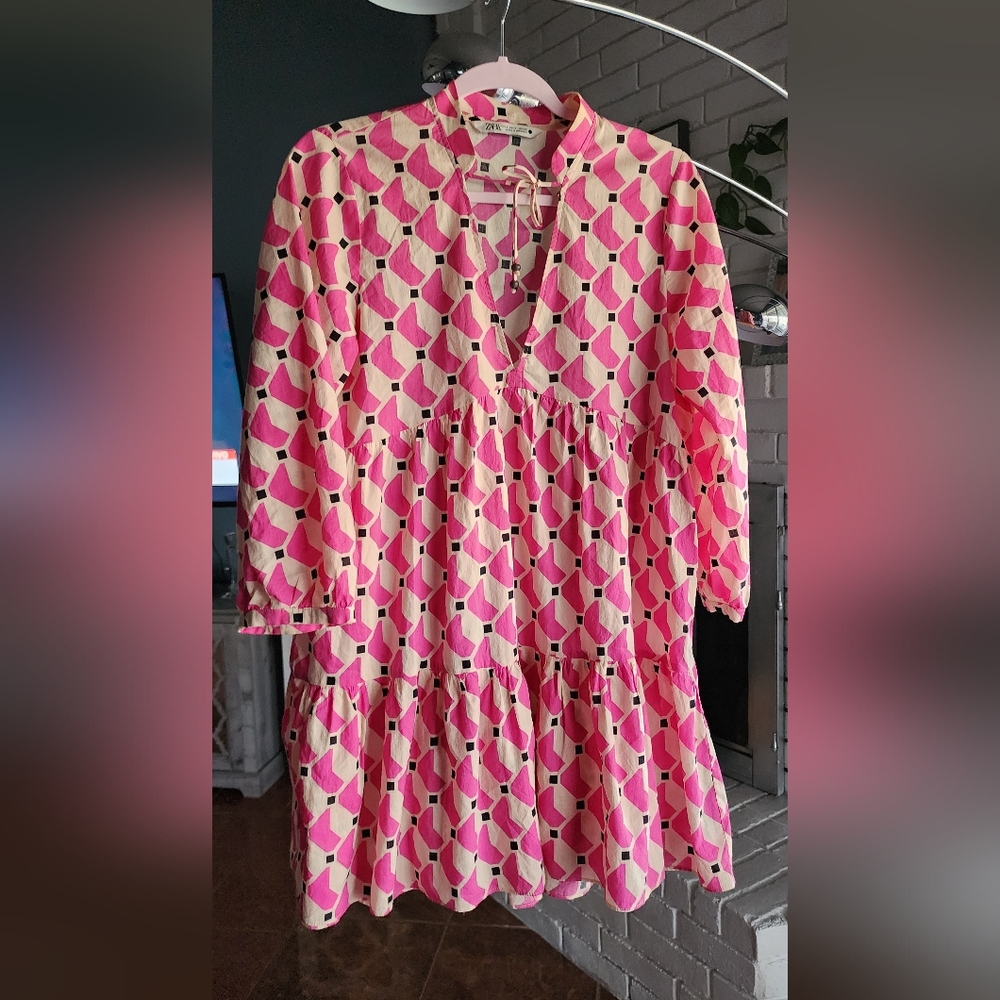 Zara Geometric Pink and Cream Dress